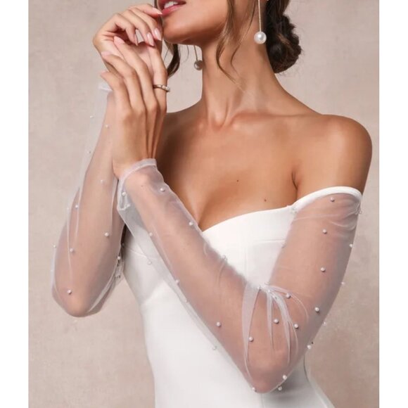Lulus Eternally Beloved White Mesh Off-the-Shoulder Pearl Maxi Wedding Dress Sz - Picture 3 of 16